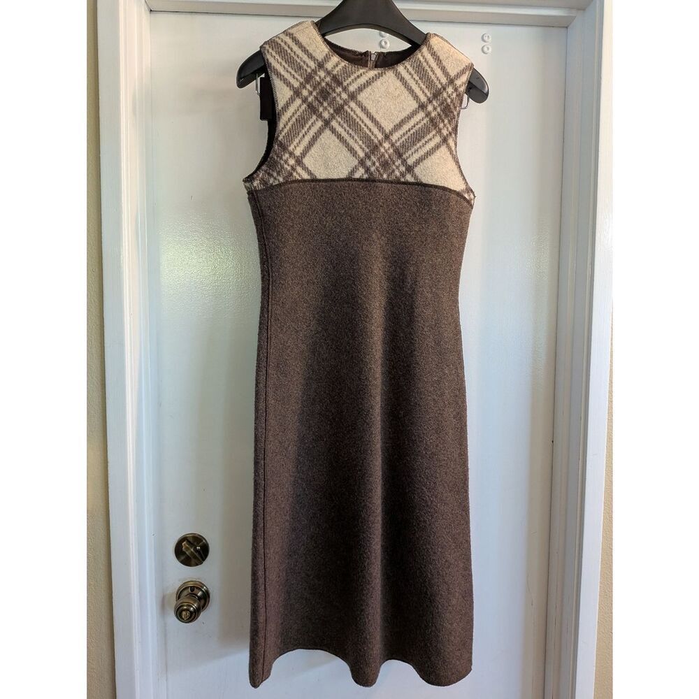 Vintage Paco Rabanne Cream Plaid Yoke Brown Midi Dress